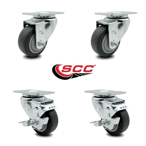 3.5 Inch Thermoplastic Rubber Wheel Swivel Top Plate Caster Set With 2 Brake SCC